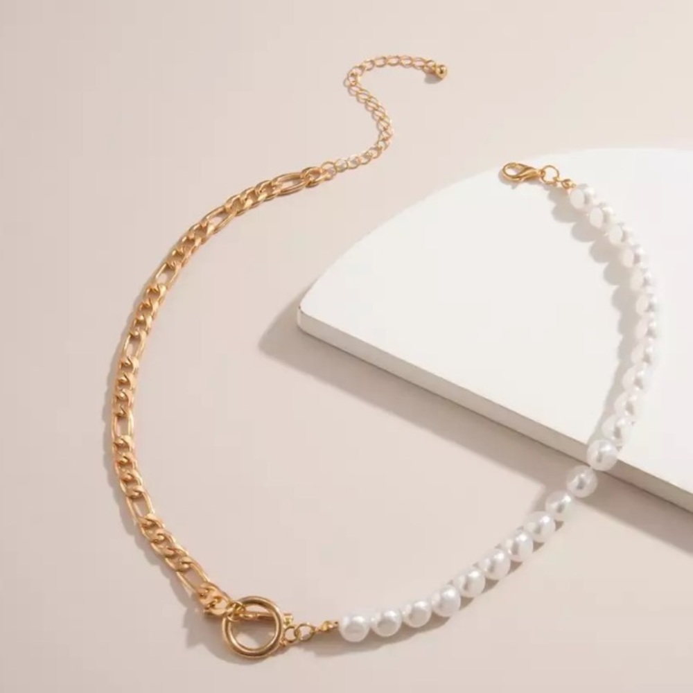 Yellow Gold Plated Faux Pearl Toggle Necklace - Picture 4 of 6